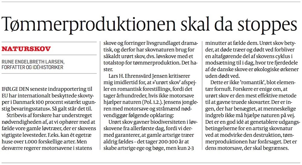 Debatindlæg af Rune Engelbreth Larsen: »Derfor skal statens tømmerproduktion standses« (Politiken, 7.2.2016)