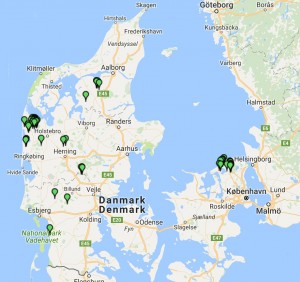 Observationer af bæver siden udsættelserne i Klosterheden i Vestjylland (1999) og omkring Arresø i Nordsjælland (2009-11). Kilde: Fugleognatur.dk