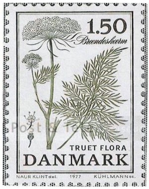 Frimærkeserie om »truet flora«, her med afbildning af brændeskærm, der i dag kun findes på Amager