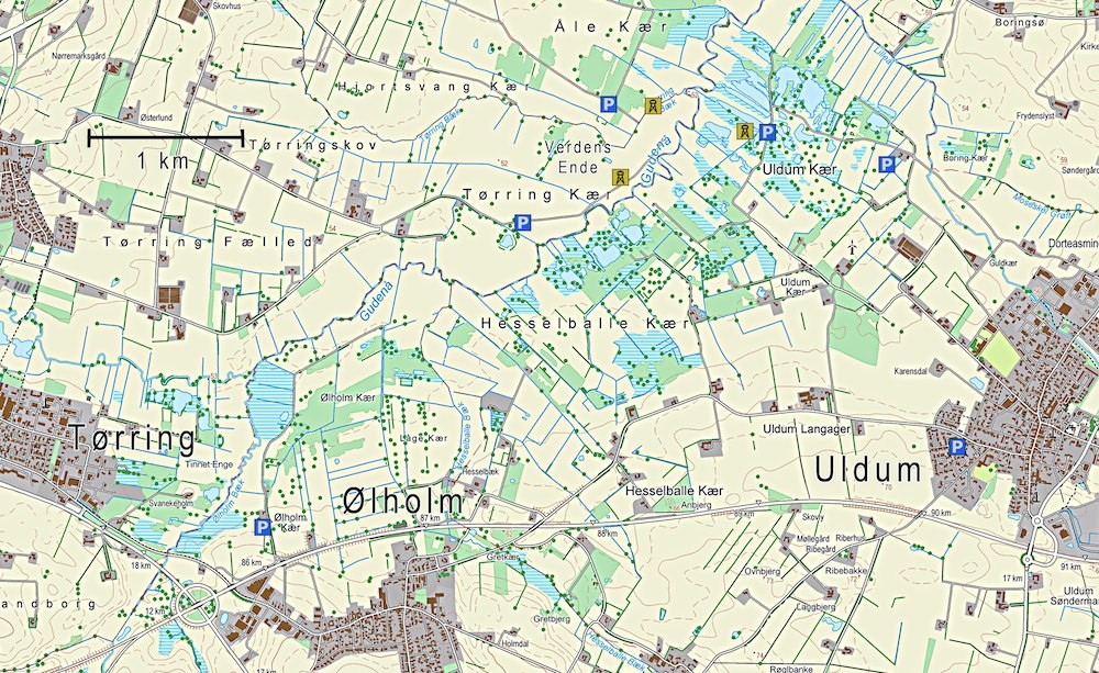 Kort over Uldum Kær (indeholder data fra Geodatastyrelsen, Matrikelkortet, WMS-tjeneste)
