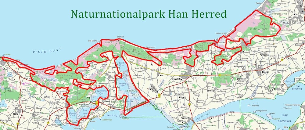 Naturnationalpark Han Herred, ca. 250 kvadratkilometer, stort set bestående af statsarealer og Aage V. Jensen Naturfonds arealer
