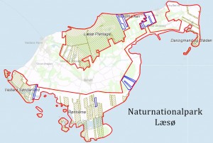 Statsejede arealer på Læsø (Naturstyrelsen) plus de arealer, der indtil 2010 var ejet af Københavns Universitet (med blåt)