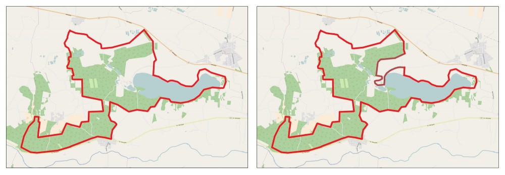 Til venstre den foreslåede afgrænsning, til højre et alternativ, hvor Fusingø Slot og markerne nord for slottet er fravalgt – i tilfælde af, at man skulle mene, at de ikke hører med