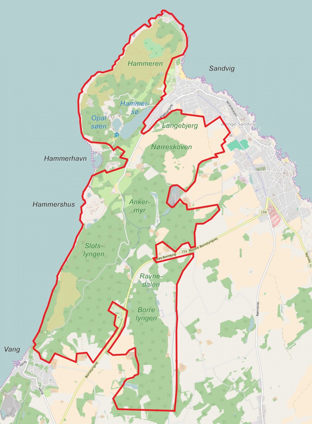 Forslag til afgrænsning af Naturnationalpark Hammeren & Slotslyngen, ca. 10 kvadratkilometer (kort baseret på OpenStreetMap og Miljø- og Fødevareministeriets Digitale Naurkort)