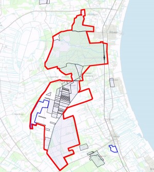 Naturstyrelsens arealer på det foreslåede areal er skraverede. Arealerne med blå afgrænsning er ejet af Aage V. Jensen Naturfond (længst mod vest) eller Frederikshavn Kommune (syd for Jerup)