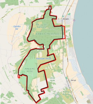 Forslag til en 34 kilometer lang hegnslinje omkring Naturnationalpark Råbjerg Mose & Ålbæk Skov.