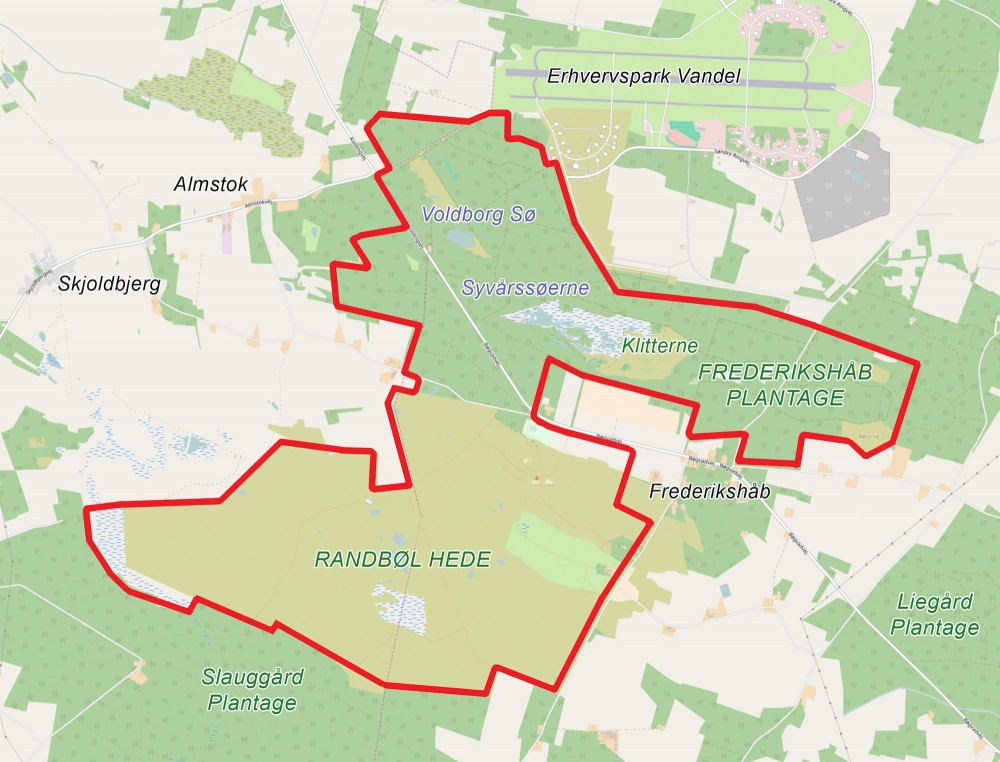 Forslag til afgrænsning af Naturnationalpark Randbøl Hede og Syvårssøerne omfatter så godt som hele heden og hele Frederikshåb Plantage på sammenlagt ca. 15 kvadratkilometer (kortet er bl.a. baseret på OpenStreetMap)