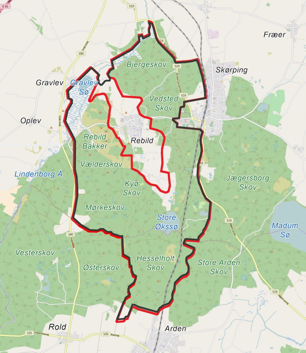 Hvis hele Naturnationalpark Rold Skov & Rebild Bakker skulle afgrænses af et ydre hegn (med faunapassager, så mellemstore dyr kan passere ind og ud, mens store planteædere bliver inden for området) kunne en hegnslinje på ca. 28 kilometer se sådan ud.