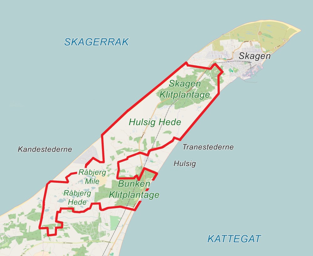 Den foreslåede afgrænsning af Naturnationalpark Skagens Odde – ca. 54 kvadratkilometer syd for Skagen, fra vestkysten ud mod Skagerrak til østkysten ud mod Kattegat (kortet er bl.a. baseret på OpenStreetMap).
