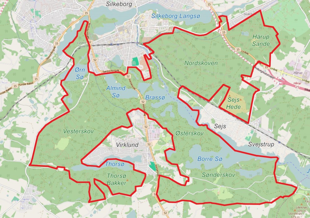 Forslag til afgrænsning af Naturnationalpark Søhøjlandet – 32 kvadratkilometer vildere natur (kortet er baseret på OpenStreetMap)