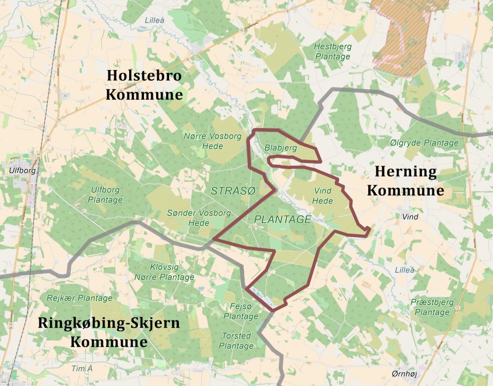 Forslag til afgrænsning, hvis Naturnationalpark Stråsø Skov & Vind Hede skulle blive et projekt alene for Herning Kommune (eller hvis første fase alene var henlagt til de statsejede arealer i Herning Kommune, hvor arealer i Holstebro Kommune og Ringkøbing-Skjern eventuelt blev koblet til senere) – stadig et stort naturreservat på ca. 1.900 hektar.