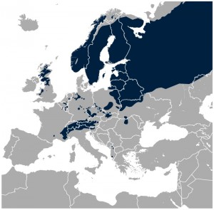Urfuglens udbredelse i Europa i dag – støvsuget i Danmark, men vidt udbredt i det øvrige Skandinavien (kort: Wikipedia)